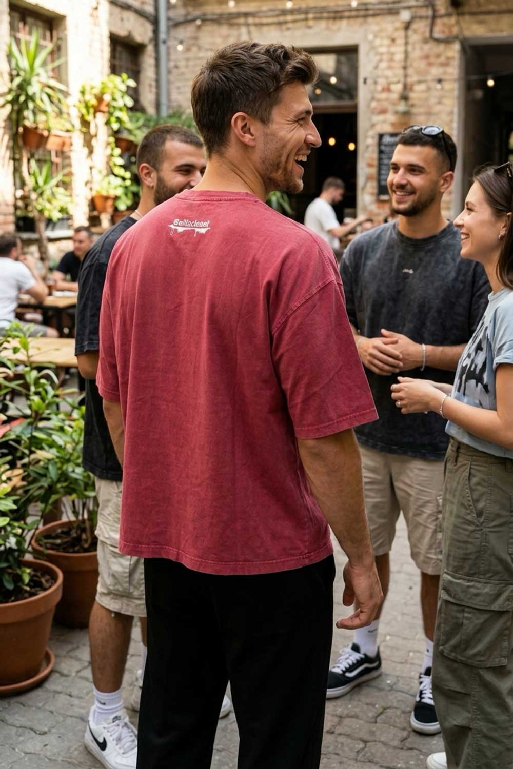 Basic Oversized Crop T-shirt Με Κέντημα - Washed Burgundy