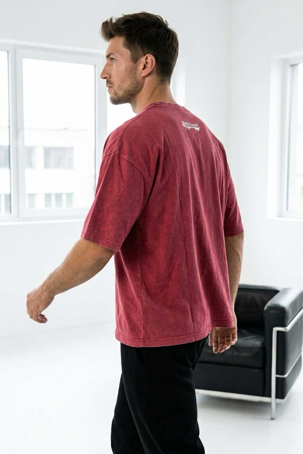 Basic Oversized Crop T-shirt Με Κέντημα - Washed Burgundy
