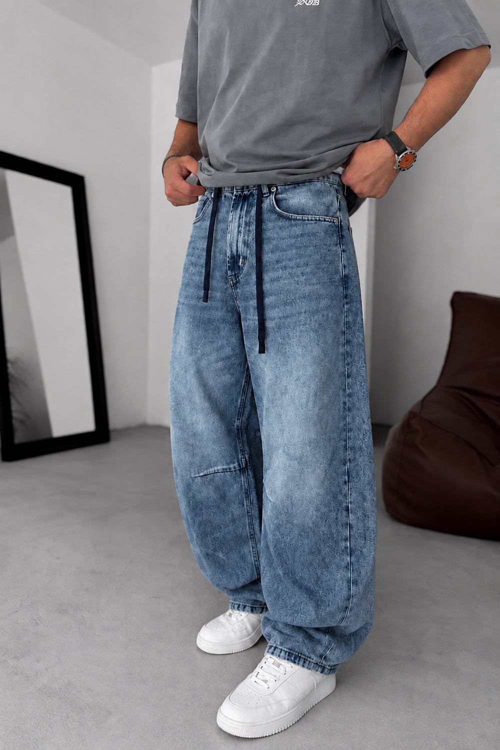 Τζιν Παντελόνι Baggy Balloon με Κορδόνι – Ξεββαμένο Μπλε