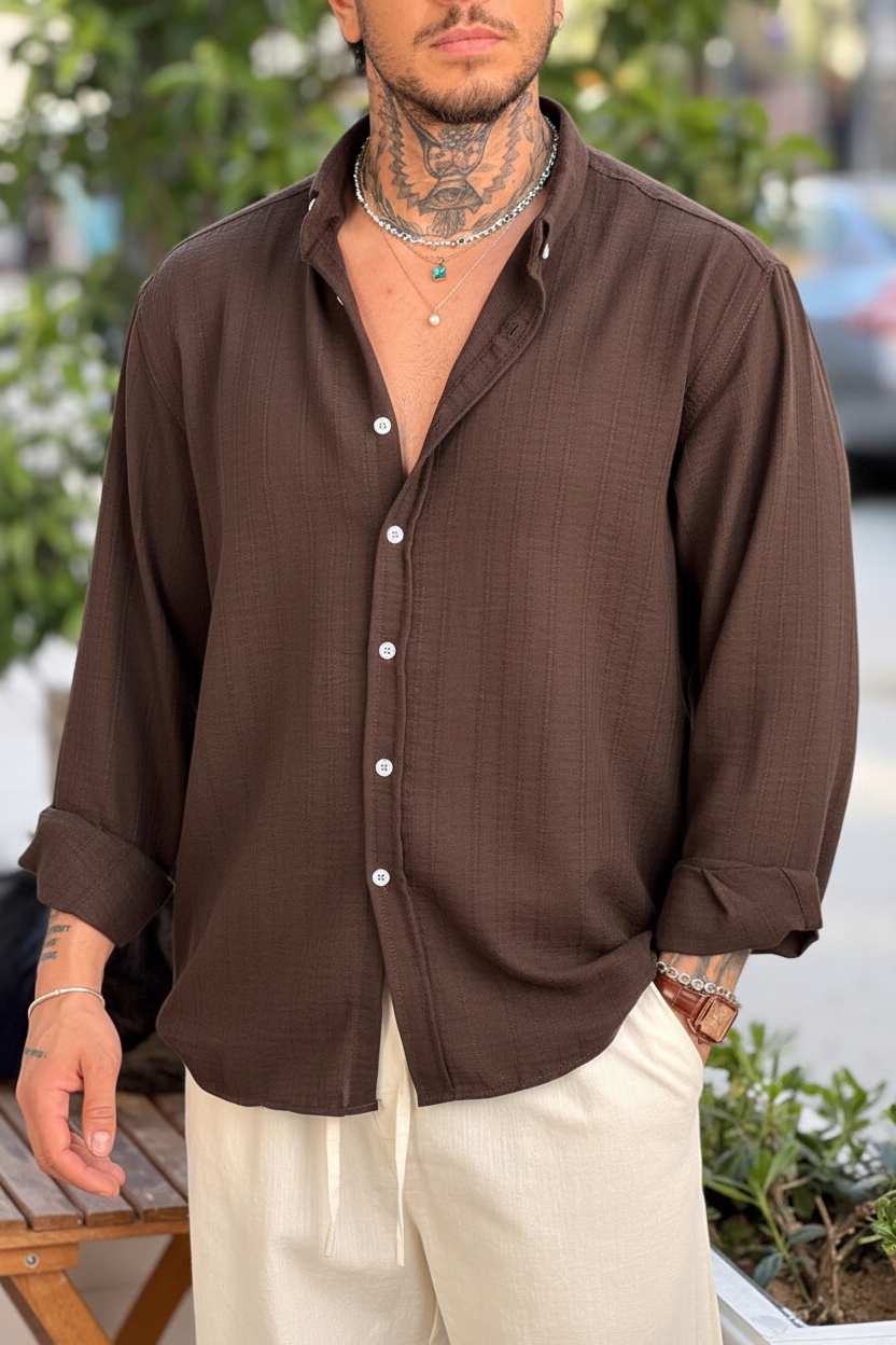 Πουκάμισο Linen-Blend Textured Stripe Studio – Σκούρο Καφέ