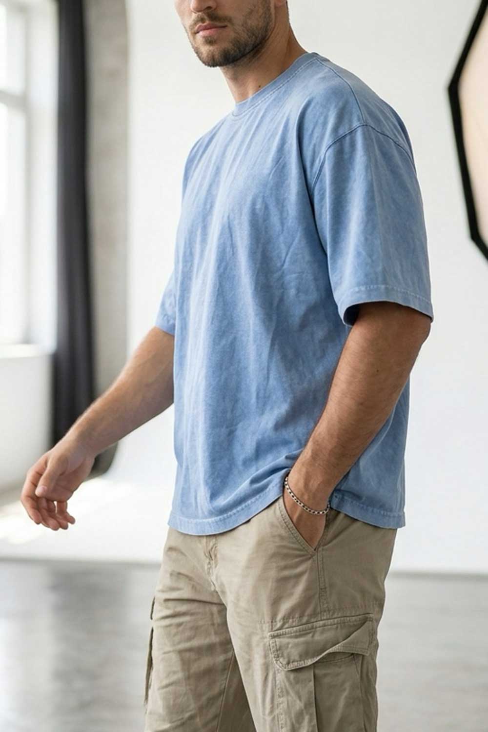 Basic Oversized Crop T-shirt Με Κέντημα - Washed Γαλάζιο