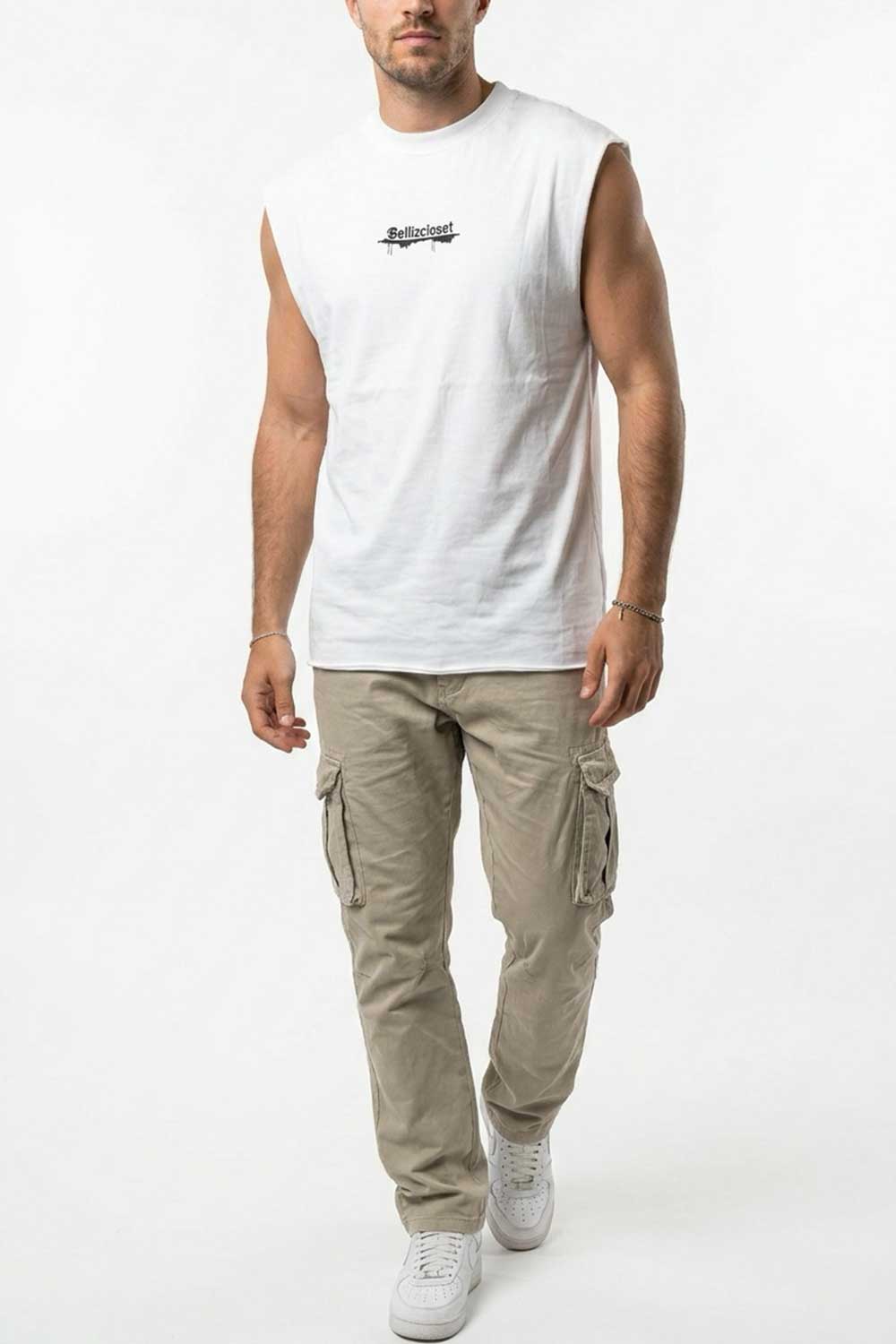 Ανδρικό Λευκό Αμάνικο T-shirt με Premium Κέντημα ellizcloset – Relaxed Fit