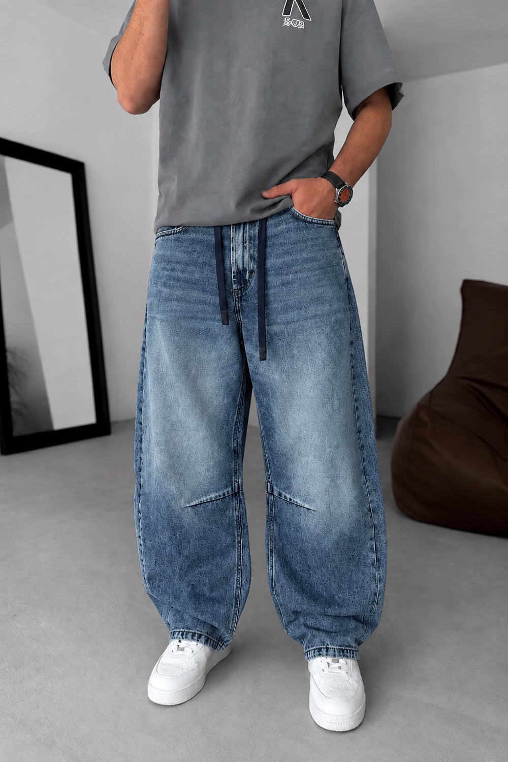 Τζιν Παντελόνι Baggy Balloon με Κορδόνι – Ξεββαμένο Μπλε