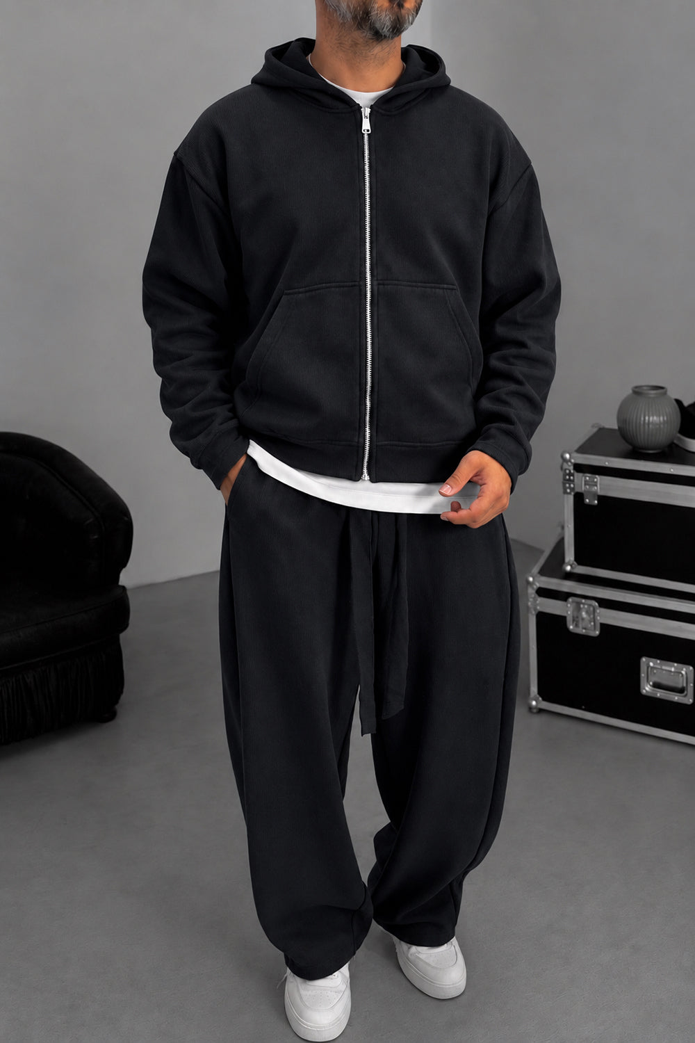 Σετ Φόρμας Με Κουκούλα  Ribbed Knit Boxy Fit με Κορδόνι – Μαύρο