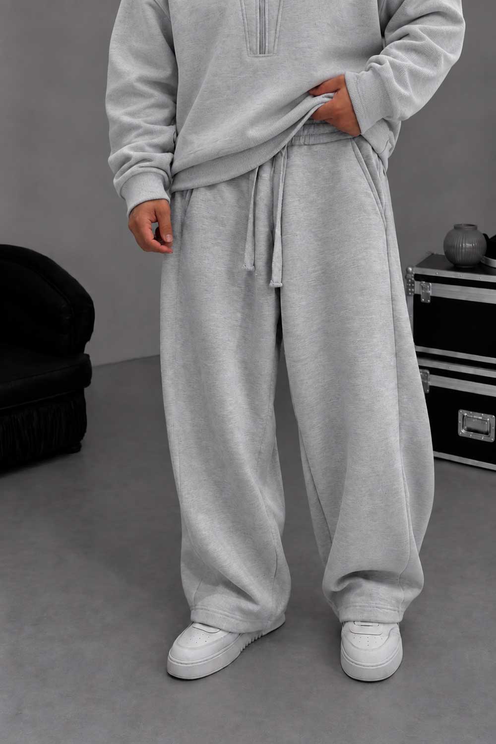 Σετ Φόρμας Crop Scuba Boxy Fit με Μισό Φερμουάρ – Γκρι