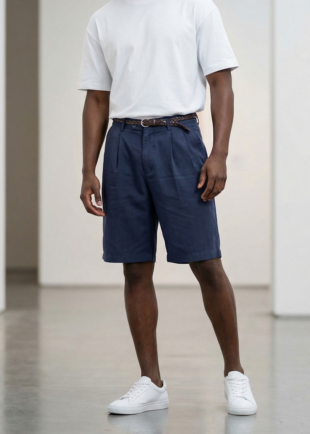 Βερμούδα "Chic Pleats" με Πλεκτή Ζώνη – Σκούρο Μπλε – 5