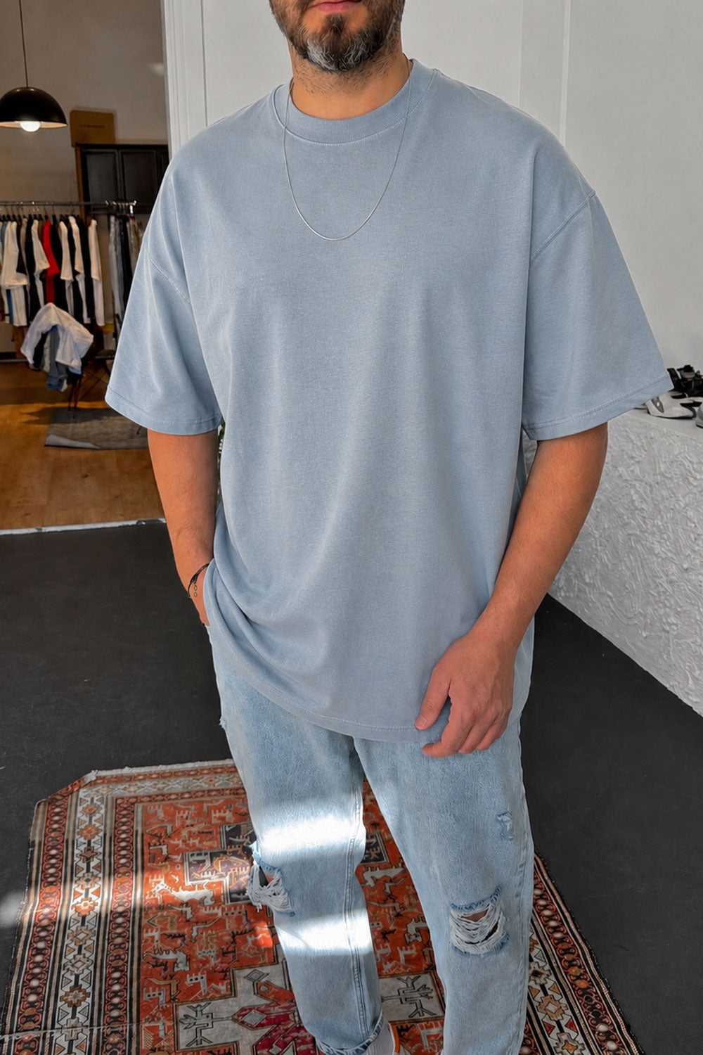 Basic oversized t-shirt με οβάλ τελείωμα σε ύφανση δύο κλωστών- γαλάζιο