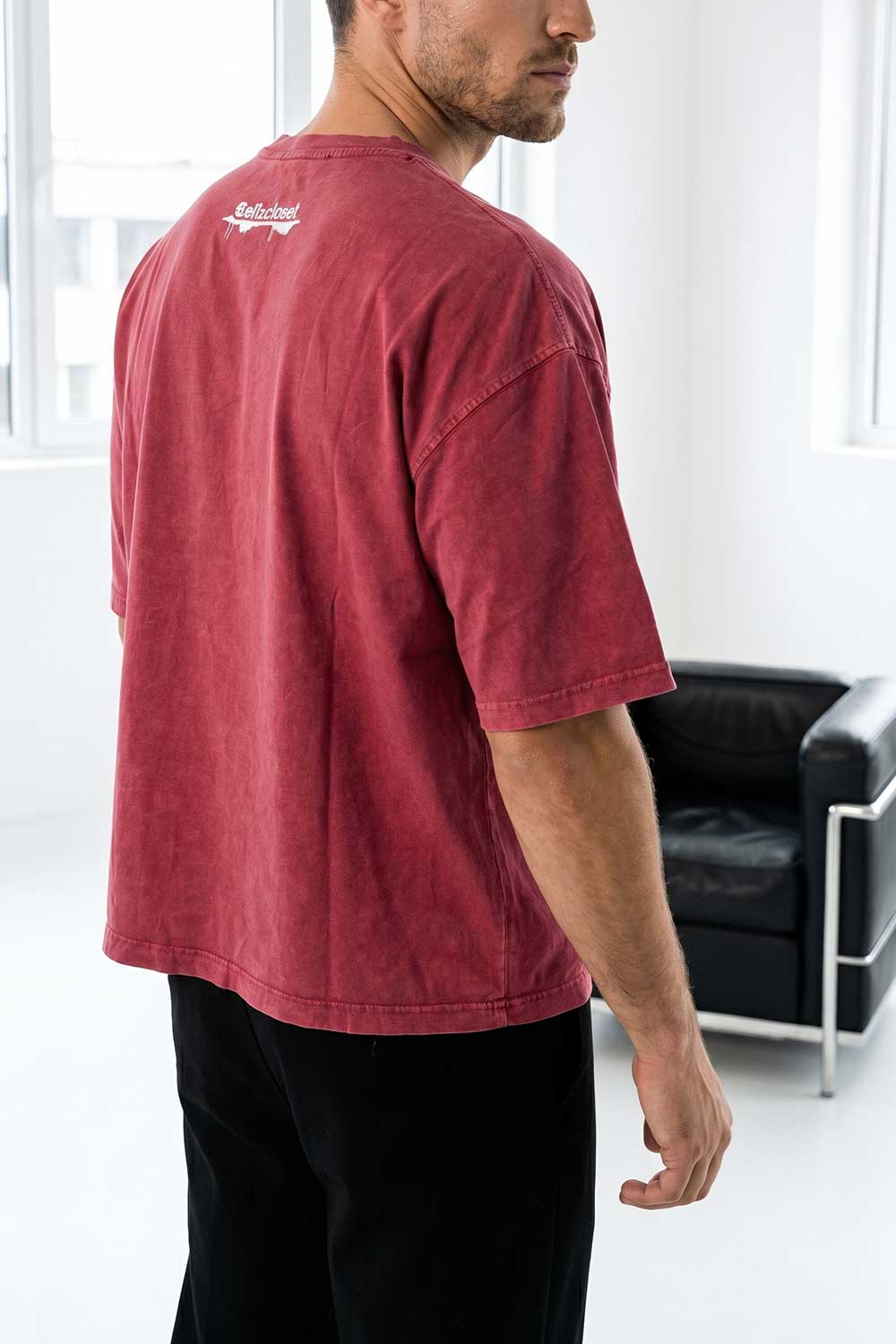 Basic Oversized Crop T-shirt Με Κέντημα - Washed Burgundy
