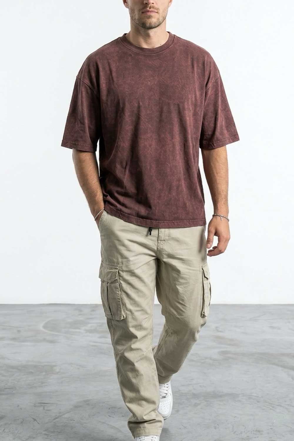 Basic Oversized Crop T-shirt Με Κέντημα - Washed Καφέ