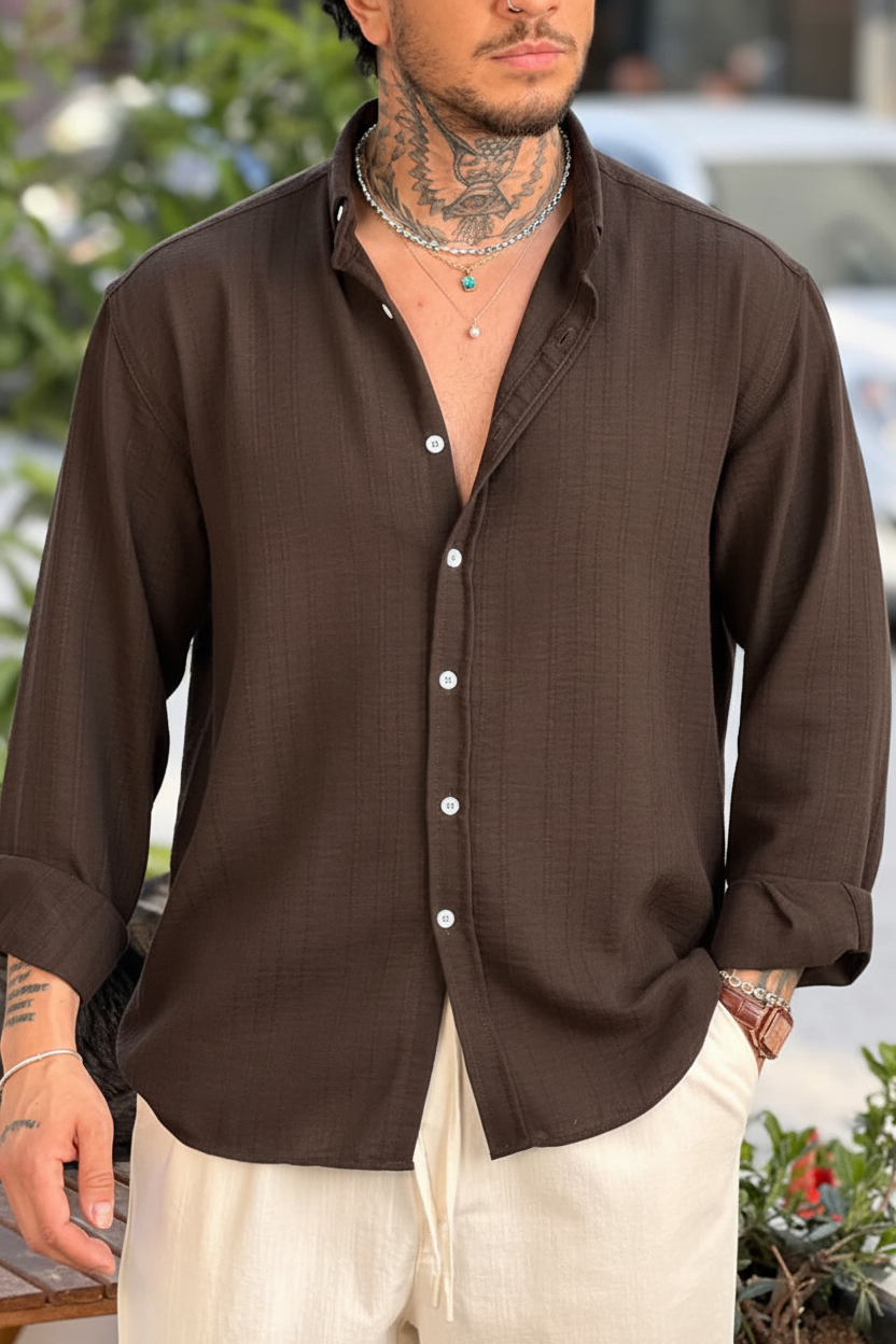 Πουκάμισο Linen-Blend Textured Stripe Studio – Σκούρο Καφέ