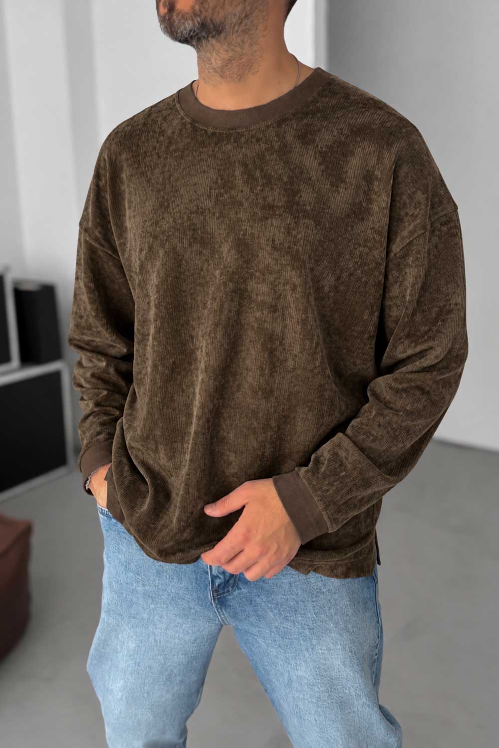 Ανδρική Κοτλέ Μπλούζα Oversized – Καφέ
