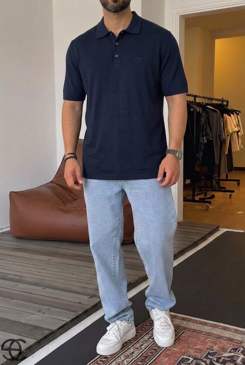 Knit Polo Shirt with Embroidered Logo – Dark Blue
