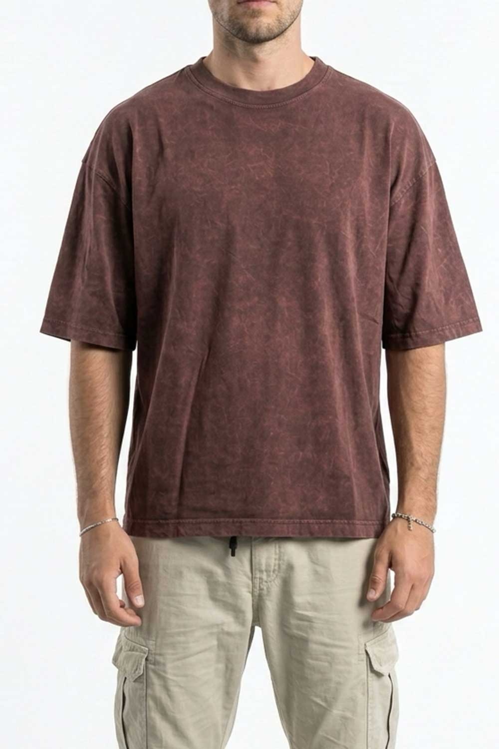 Basic Oversized Crop T-shirt Με Κέντημα - Washed Καφέ