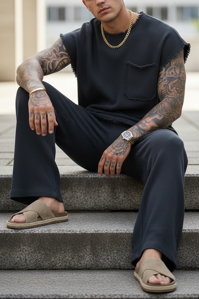 Σετ Co-ord Raw-Edge Waffle Studio – Ανθρακί