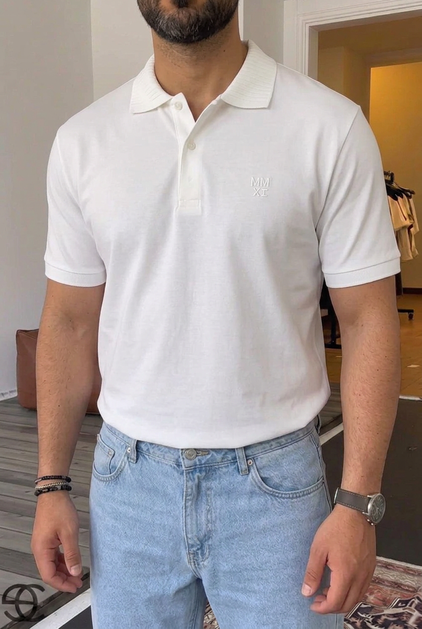 Cotton Polo Shirt with Textured Collar – White