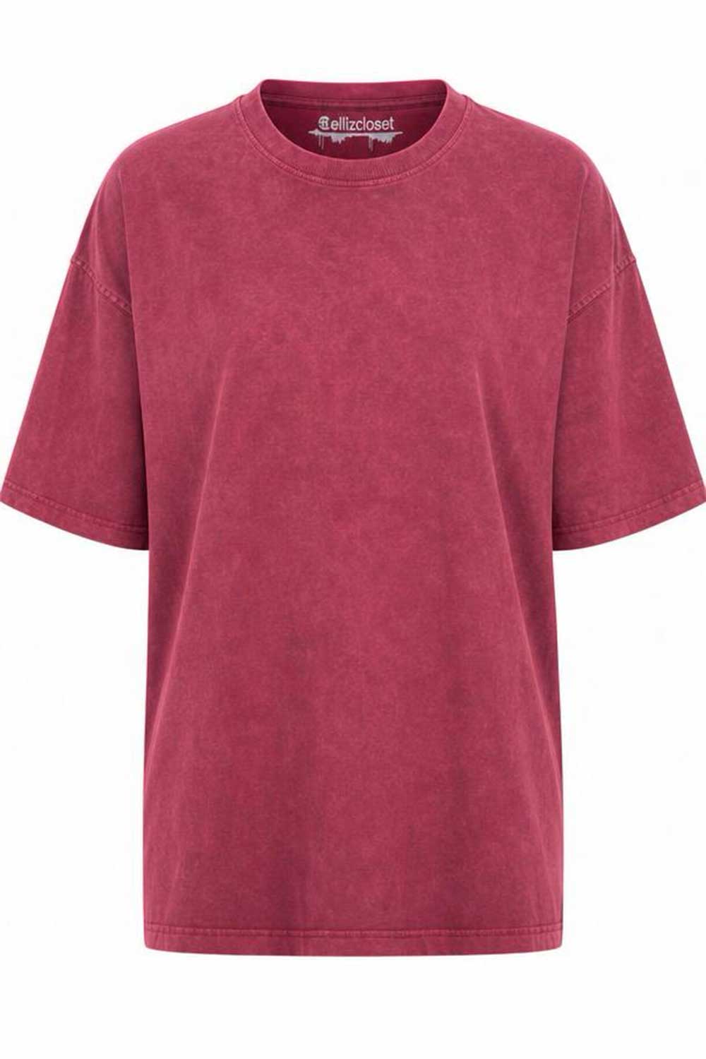 Basic Oversized Crop T-shirt Με Κέντημα - Washed Burgundy