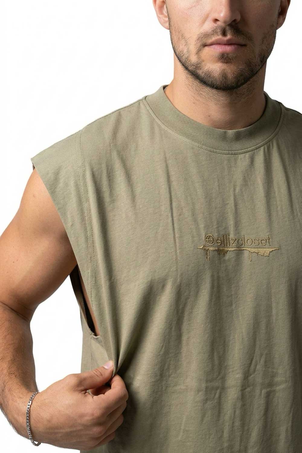Ανδρικό Χακί Αμάνικο T-shirt με Premium Κέντημα ellizcloset – Relaxed Fit