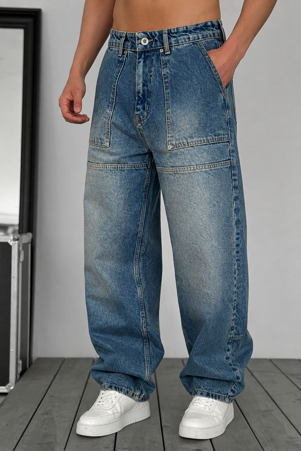 Workwear Τζιν Baggy Fit με Εφέ Panel – Μπλε Ξεβαμμένο