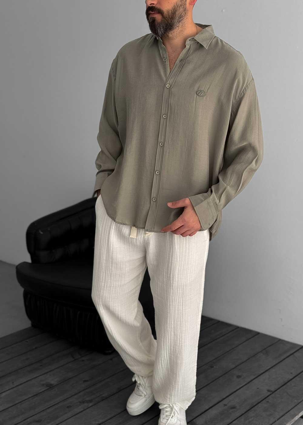 Πουκάμισο Oversized Σε Tencel Ύφανση - Χακί – 5