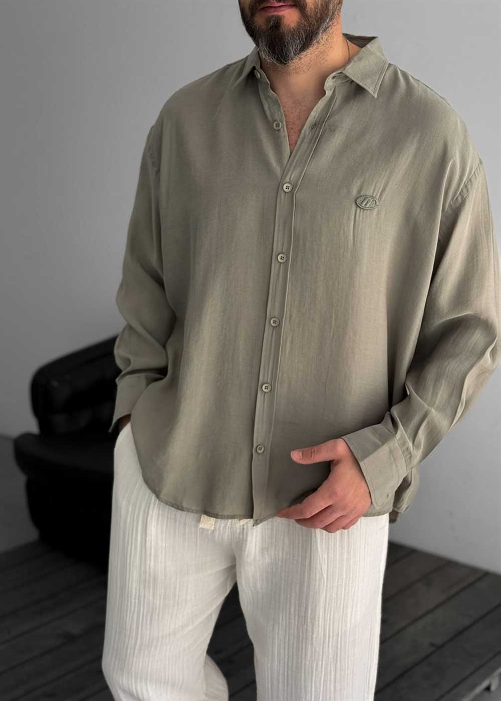 Πουκάμισο Oversized Σε Tencel Ύφανση - Χακί – 2