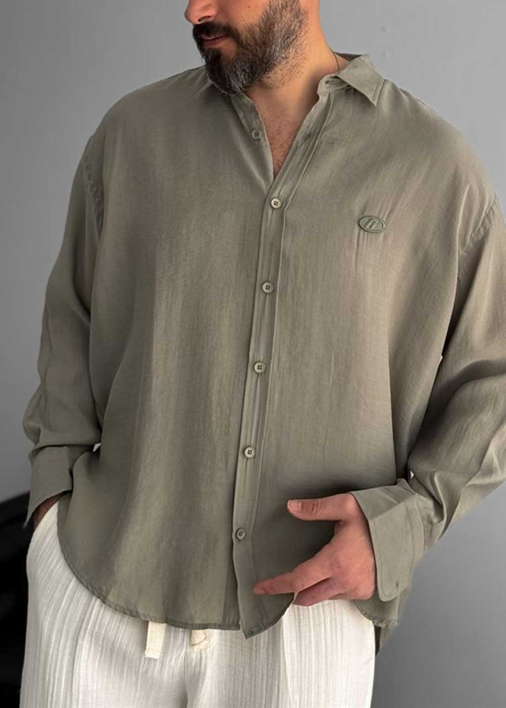 Πουκάμισο Oversized Σε Tencel Ύφανση - Χακί – 4