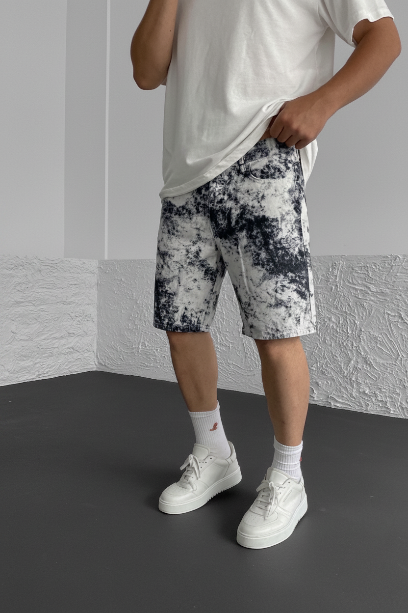Βερμούδα Denim Relaxed Bleach Tie-Dye Studio – Λευκό / Μαύρο