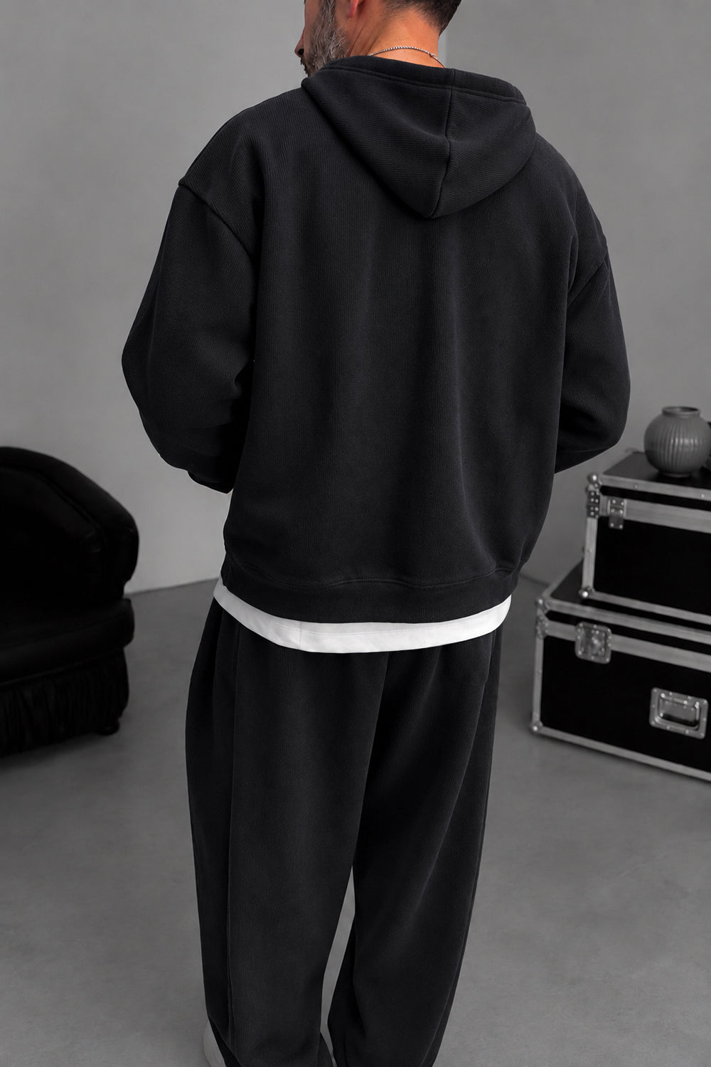 Σετ Φόρμας Με Κουκούλα  Ribbed Knit Boxy Fit με Κορδόνι – Μαύρο