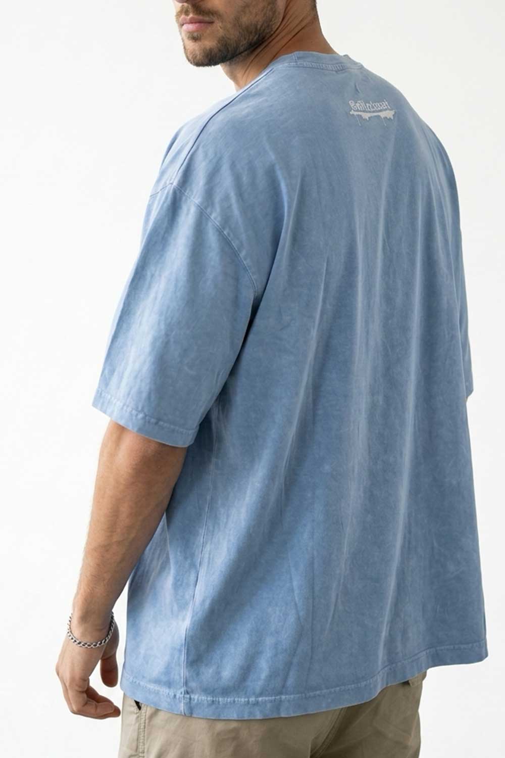 Basic Oversized Crop T-shirt Με Κέντημα - Washed Γαλάζιο