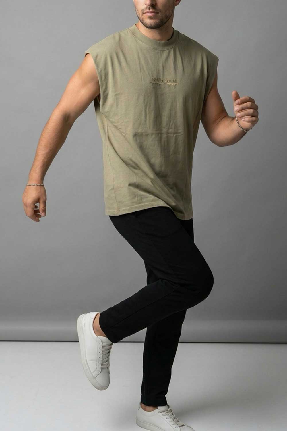 Ανδρικό Χακί Αμάνικο T-shirt με Premium Κέντημα ellizcloset – Relaxed Fit