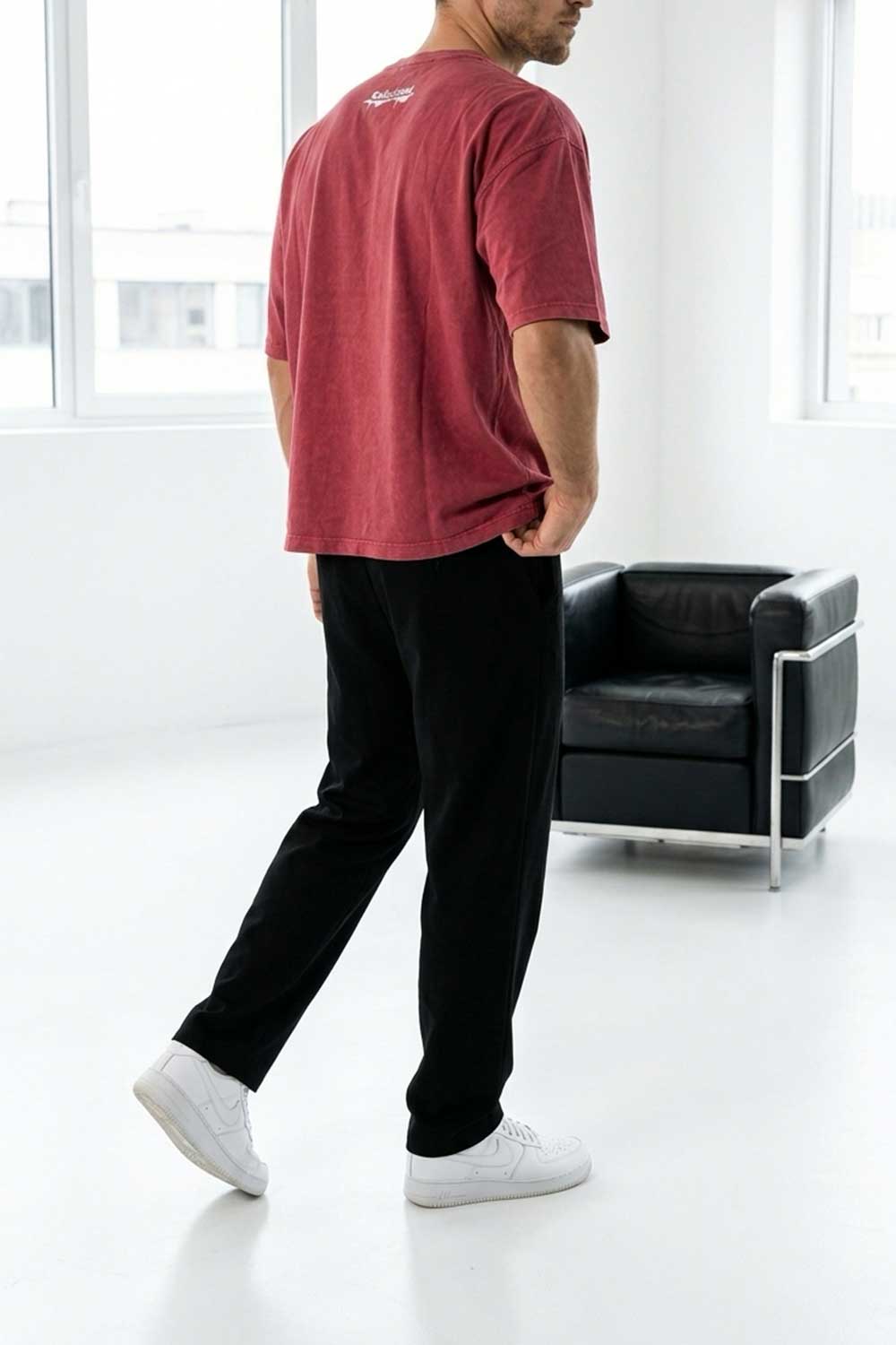 Basic Oversized Crop T-shirt Με Κέντημα - Washed Burgundy