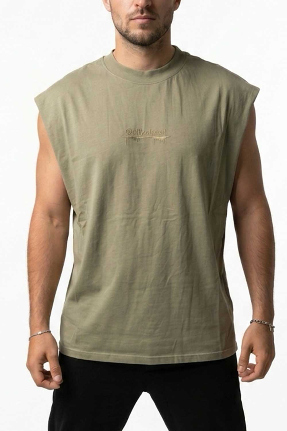 Ανδρικό Χακί Αμάνικο T-shirt με Premium Κέντημα ellizcloset – Relaxed Fit