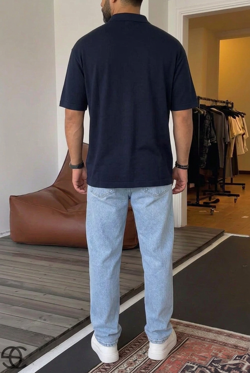 Knit Polo Shirt with Embroidered Logo – Dark Blue