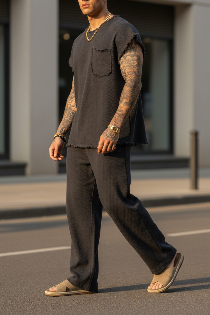 Σετ Co-ord Raw-Edge Waffle Studio – Ανθρακί