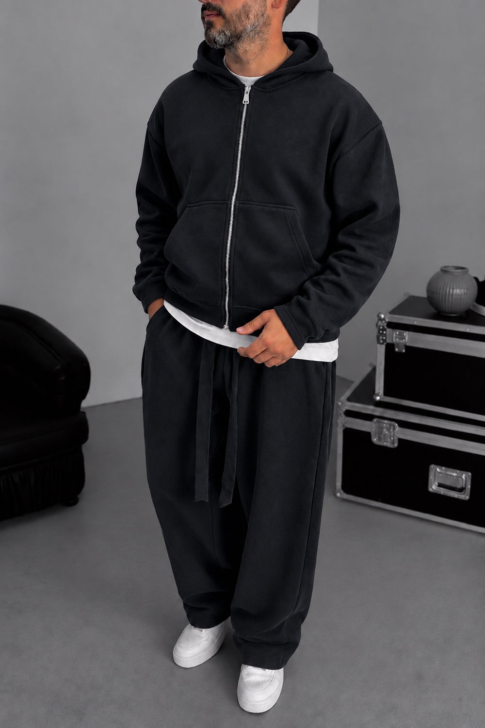 Σετ Φόρμας Με Κουκούλα  Ribbed Knit Boxy Fit με Κορδόνι – Μαύρο