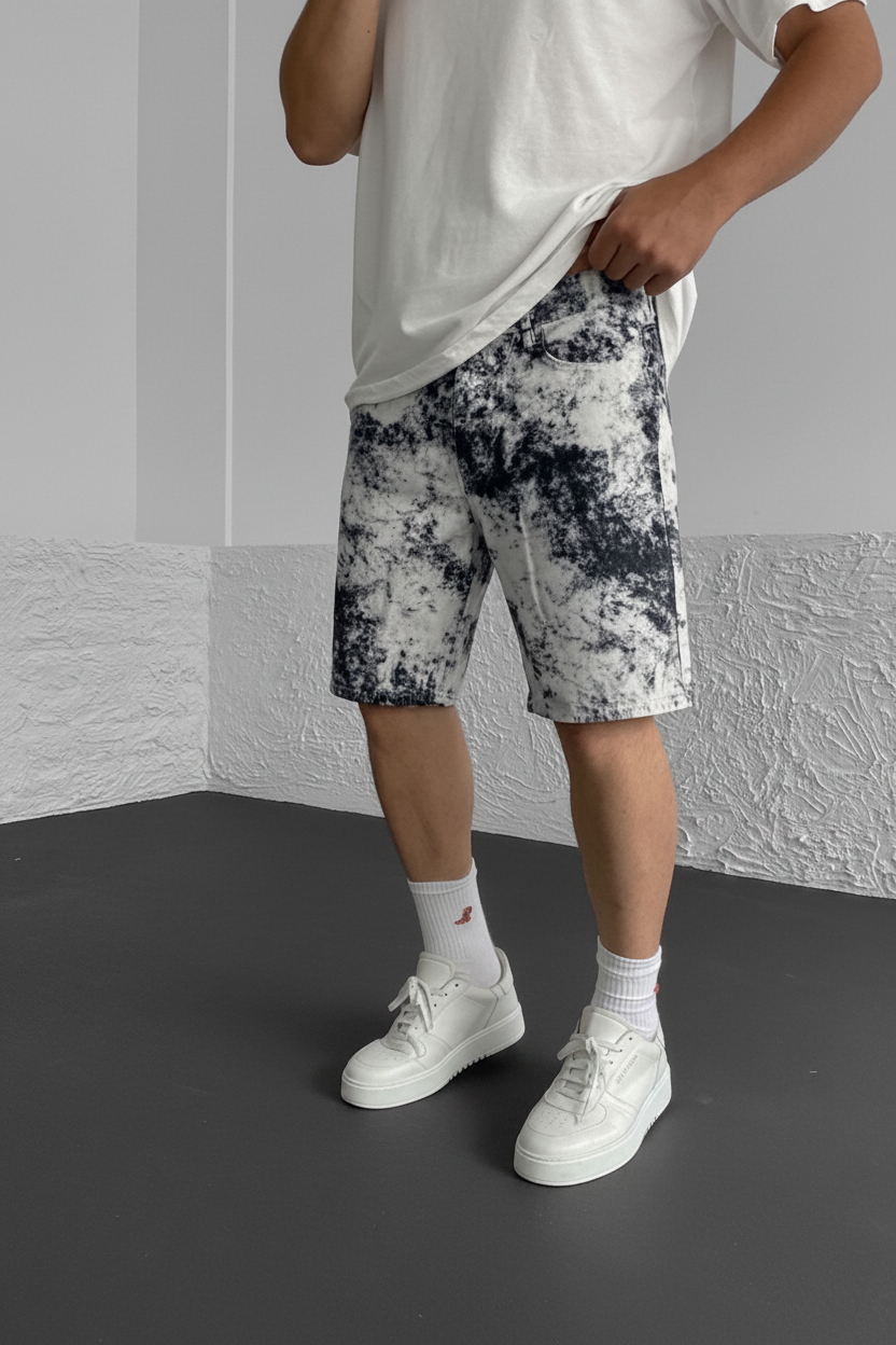 Βερμούδα Denim Relaxed Bleach Tie-Dye Studio – Λευκό / Μαύρο