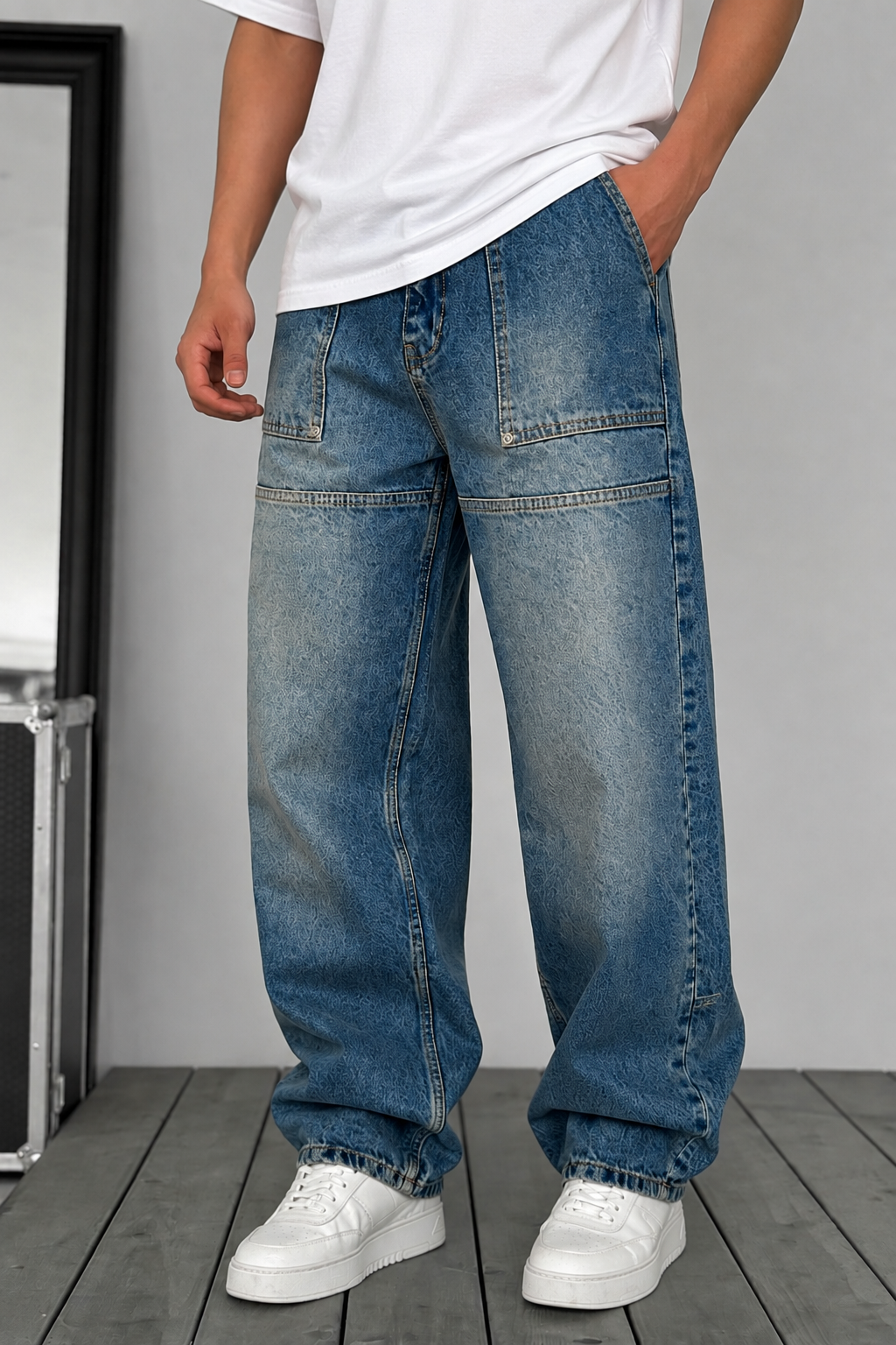 Workwear Τζιν Baggy Fit με Εφέ Panel – Μπλε Ξεβαμμένο