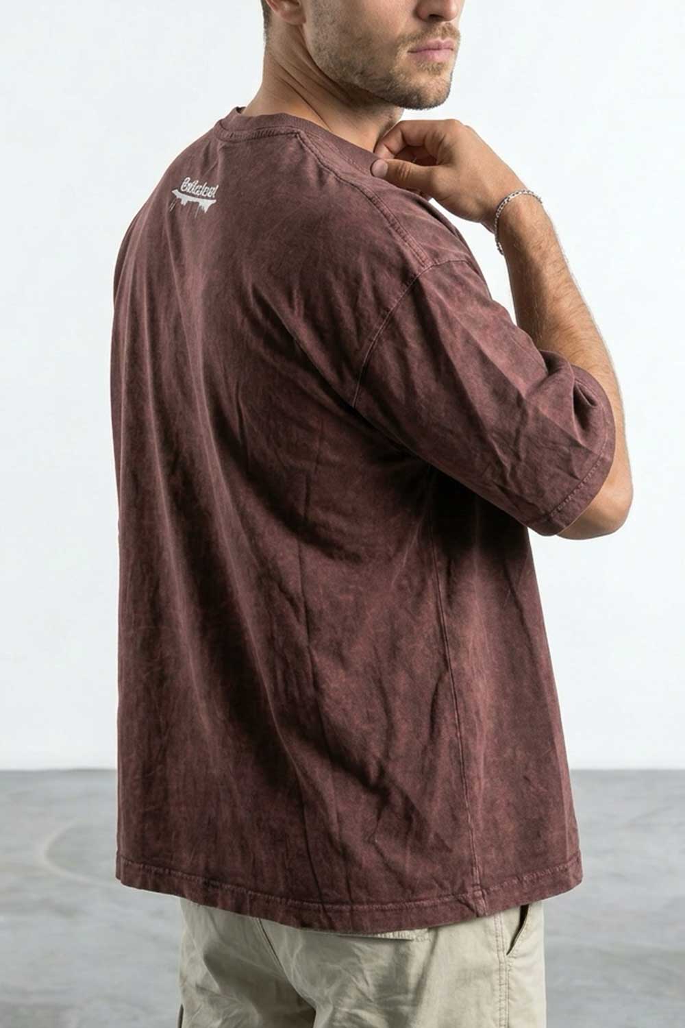 Basic Oversized Crop T-shirt Με Κέντημα - Washed Καφέ