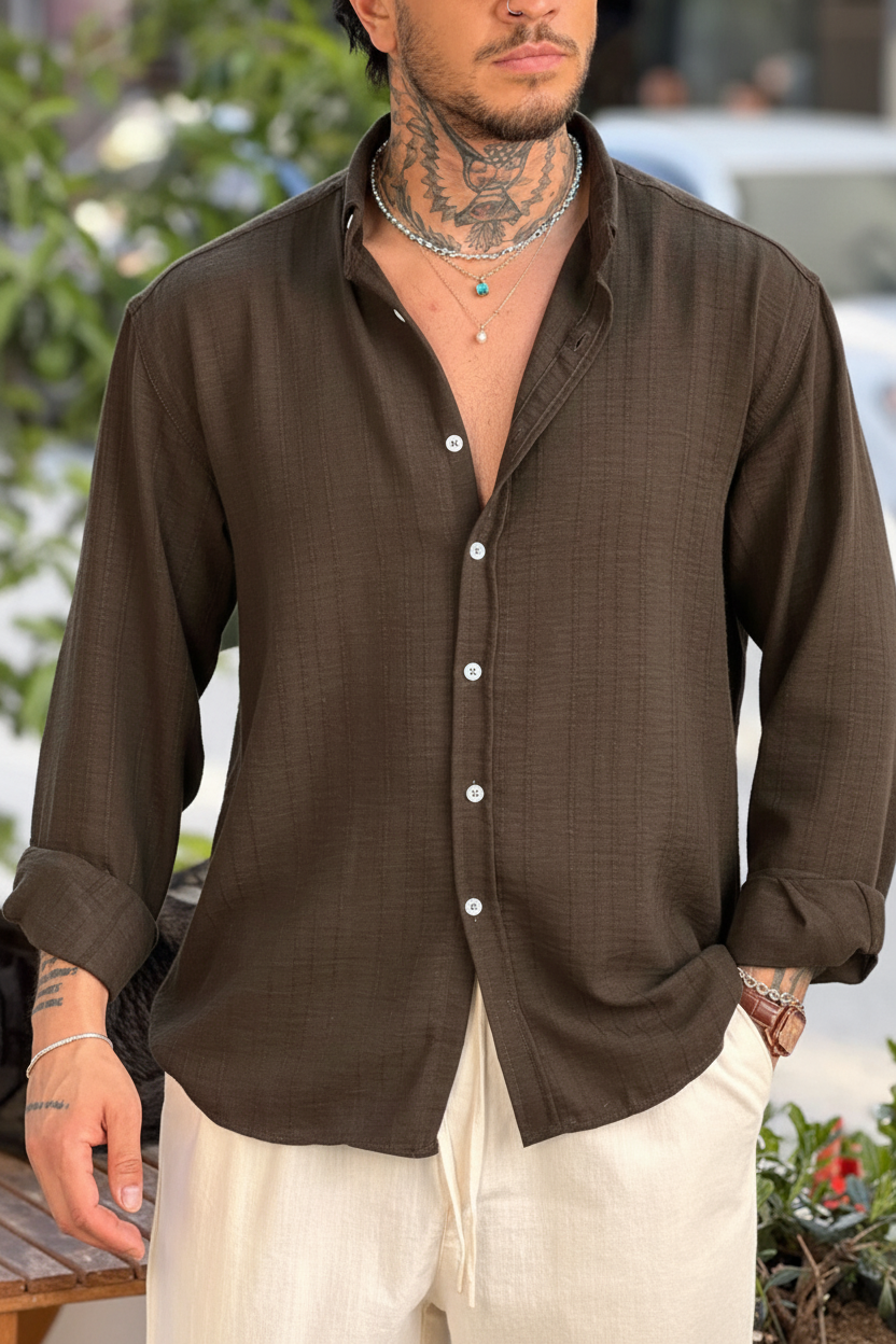 Πουκάμισο Linen-Blend Textured Stripe Studio – Σκούρο Καφέ