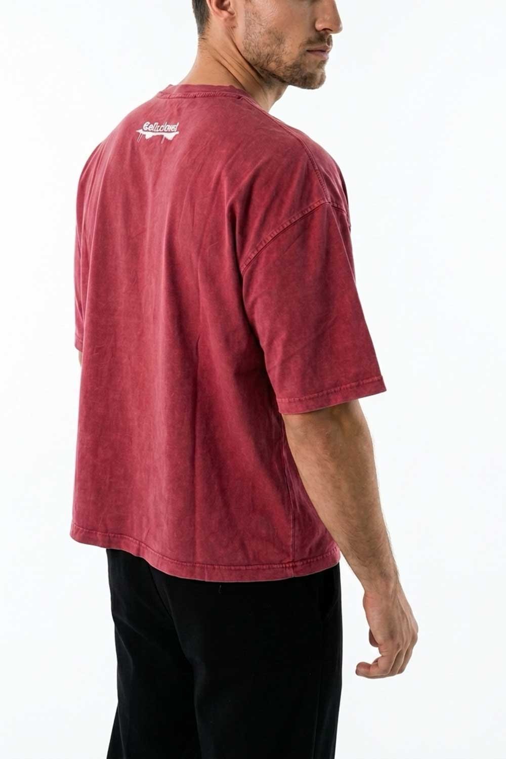 Basic Oversized Crop T-shirt Με Κέντημα - Washed Burgundy