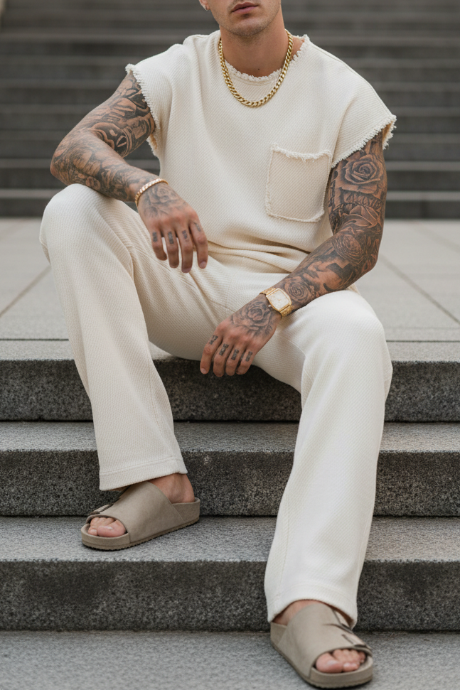 Σετ Co-ord Raw-Edge Waffle Studio – Ανοιχτό Μπεζ
