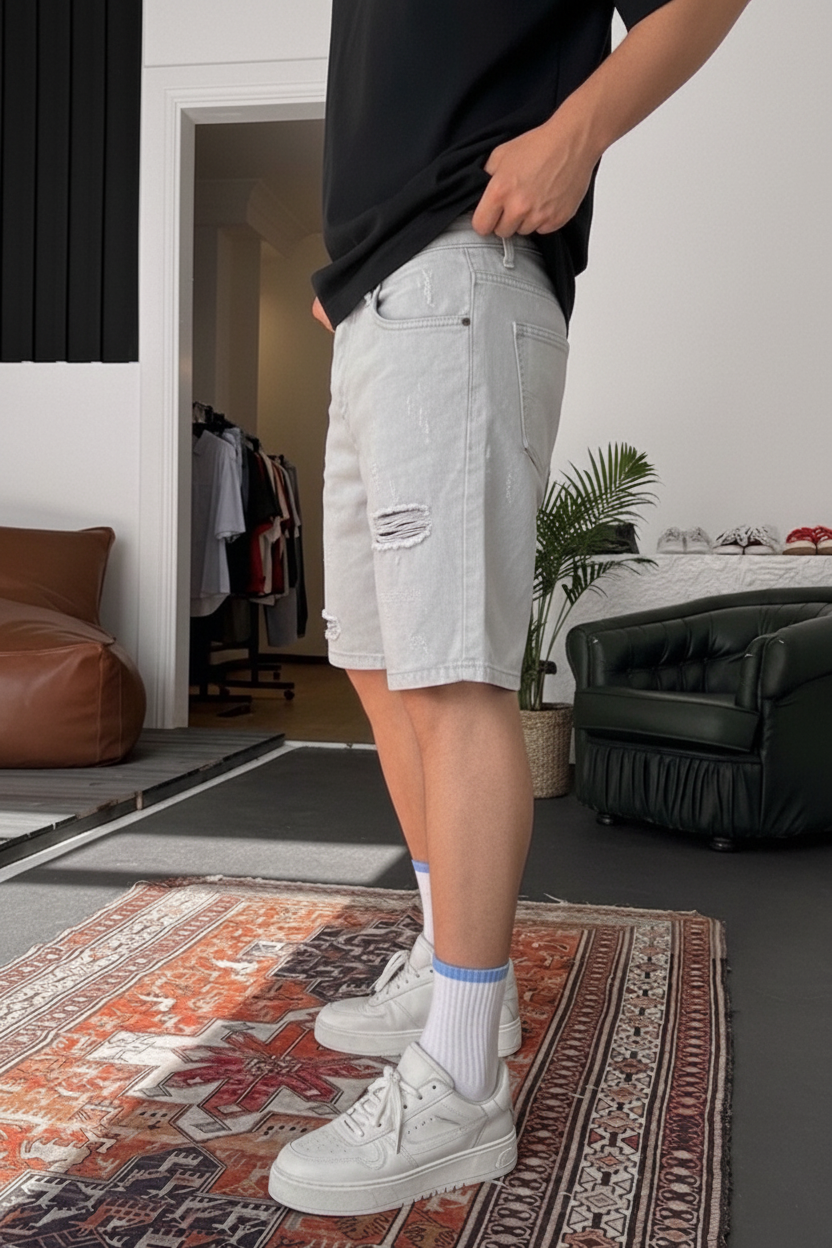 Βερμούδα Denim Relaxed Ripped Studio – Γκρι