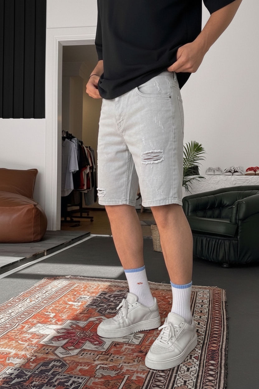 Βερμούδα Denim Relaxed Ripped Studio – Γκρι