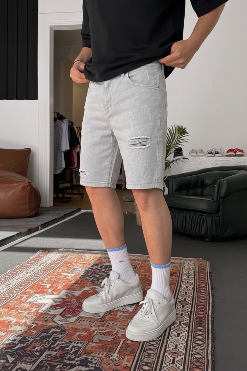 Βερμούδα Denim Relaxed Ripped Studio – Γκρι