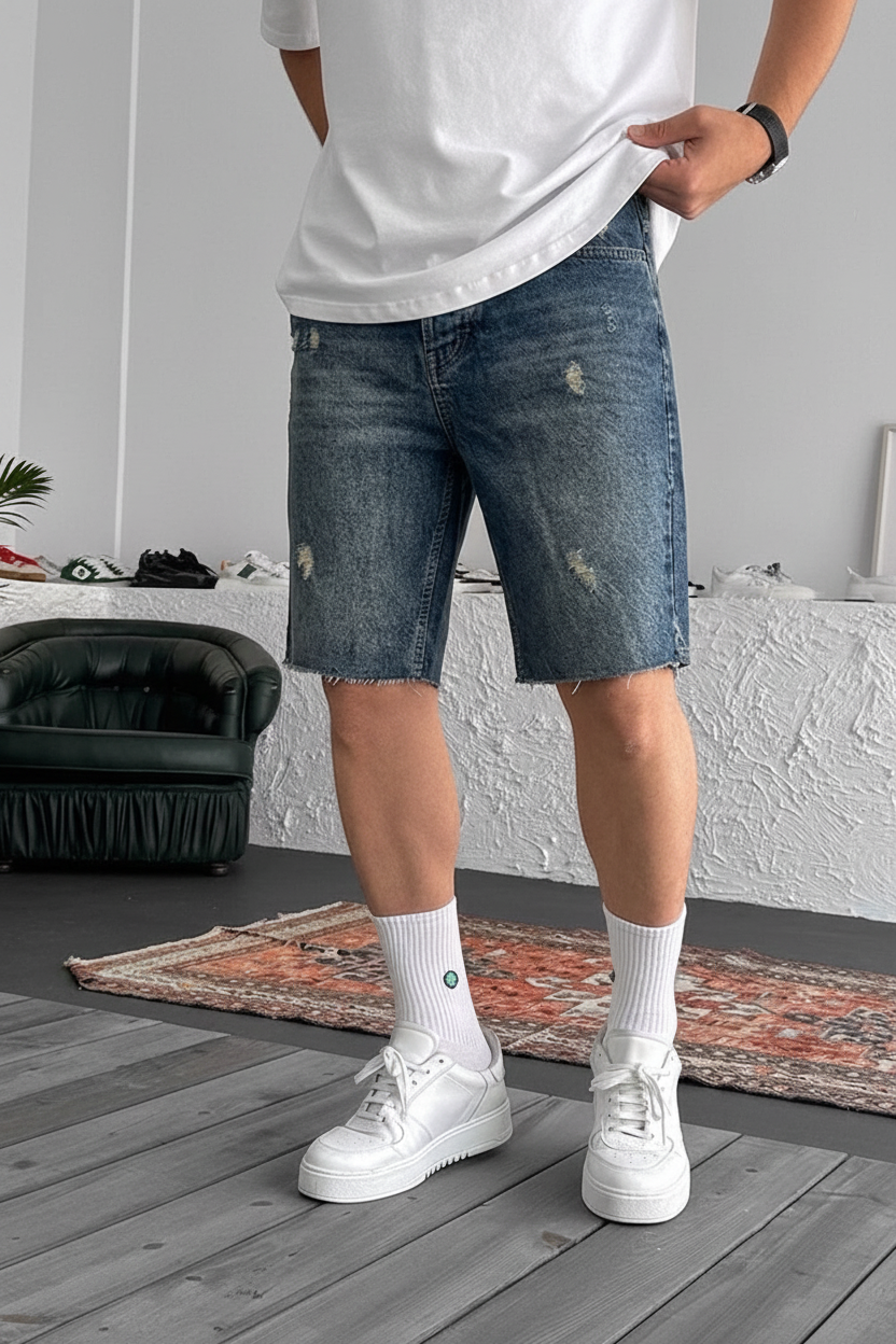 Βερμούδα Denim Relaxed Ripped Studio – Σκούρο Μπλε