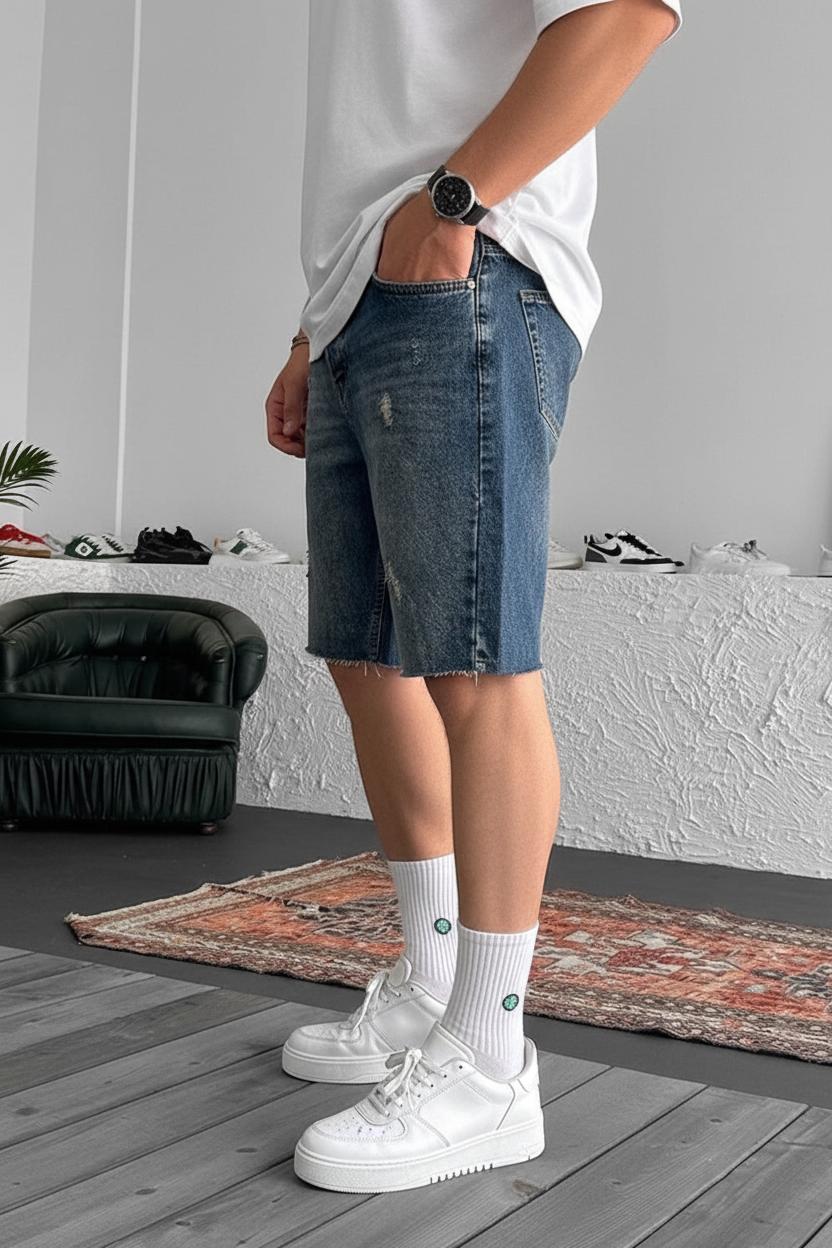 Βερμούδα Denim Relaxed Ripped Studio – Σκούρο Μπλε