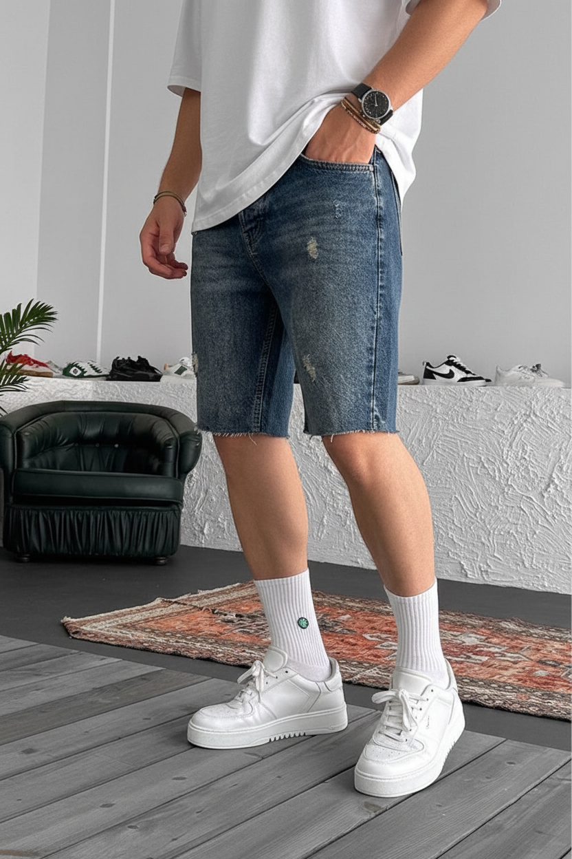 Βερμούδα Denim Relaxed Ripped Studio – Σκούρο Μπλε