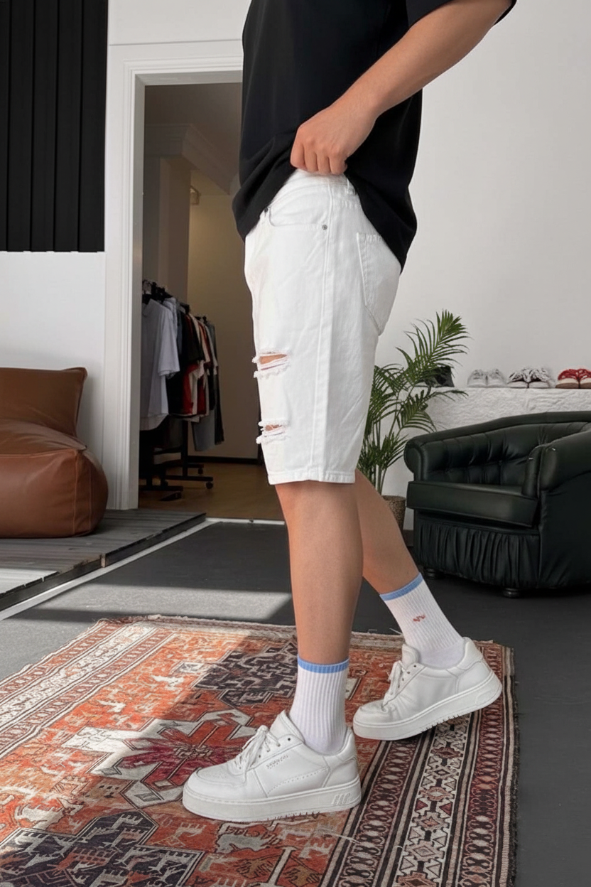 Βερμούδα Denim Relaxed Ripped Studio – Λευκό