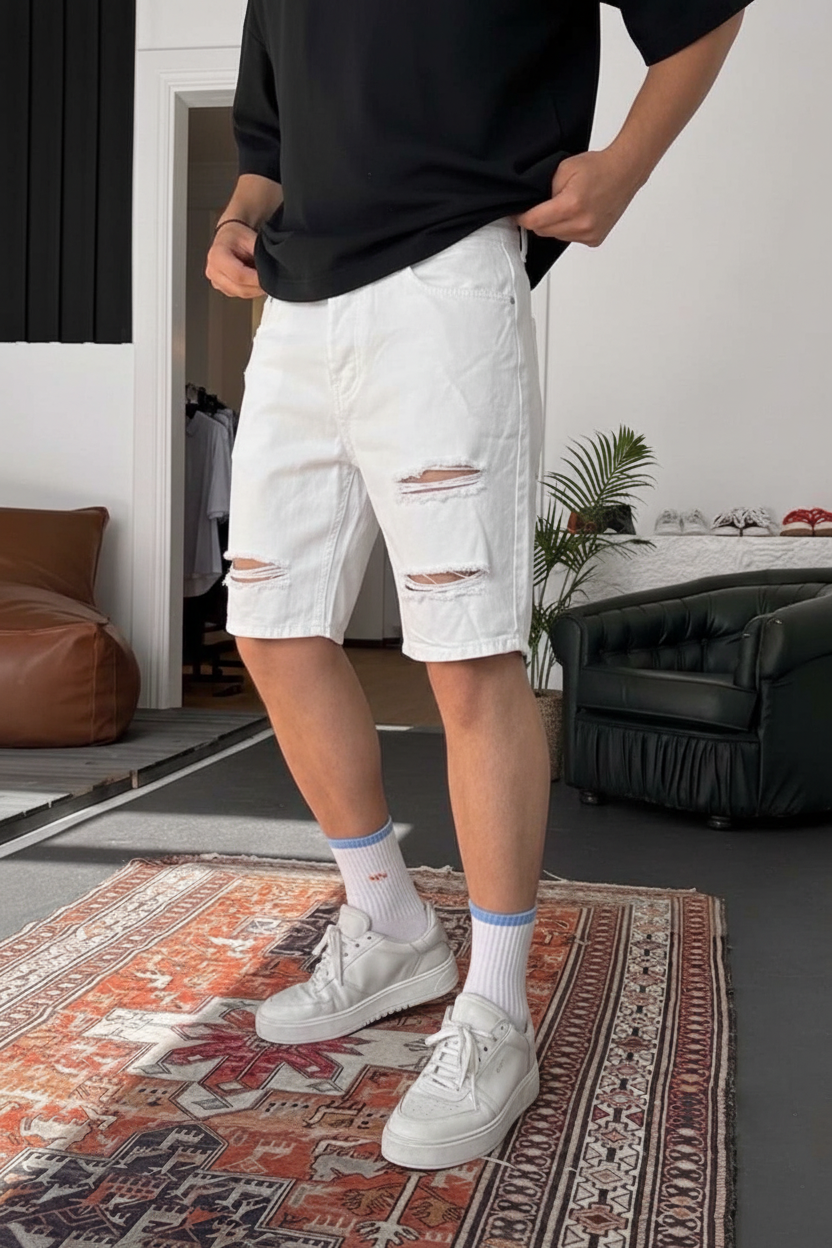 Βερμούδα Denim Relaxed Ripped Studio – Λευκό