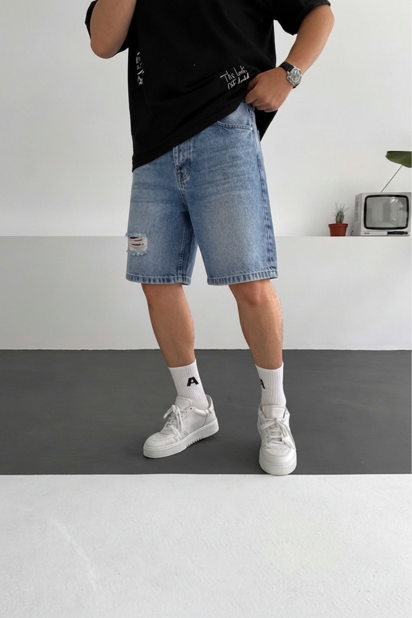 Βερμούδα Denim Relaxed Ripped Studio – Μεσαίο Μπλε