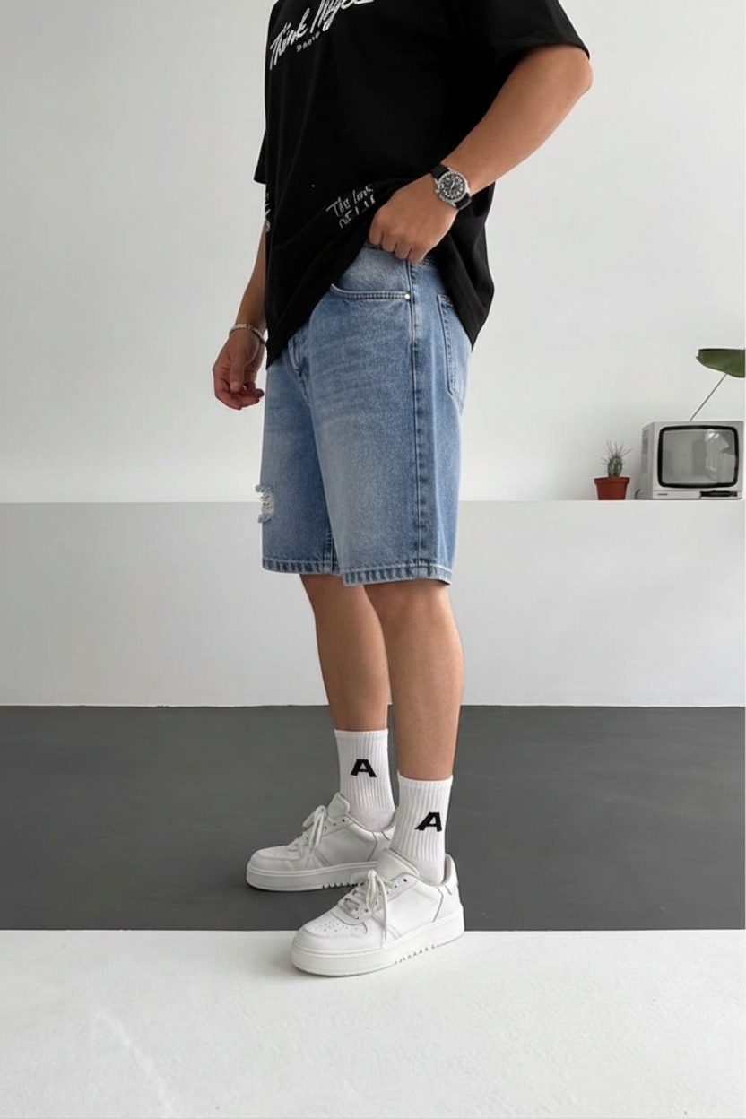Βερμούδα Denim Relaxed Ripped Studio – Μεσαίο Μπλε